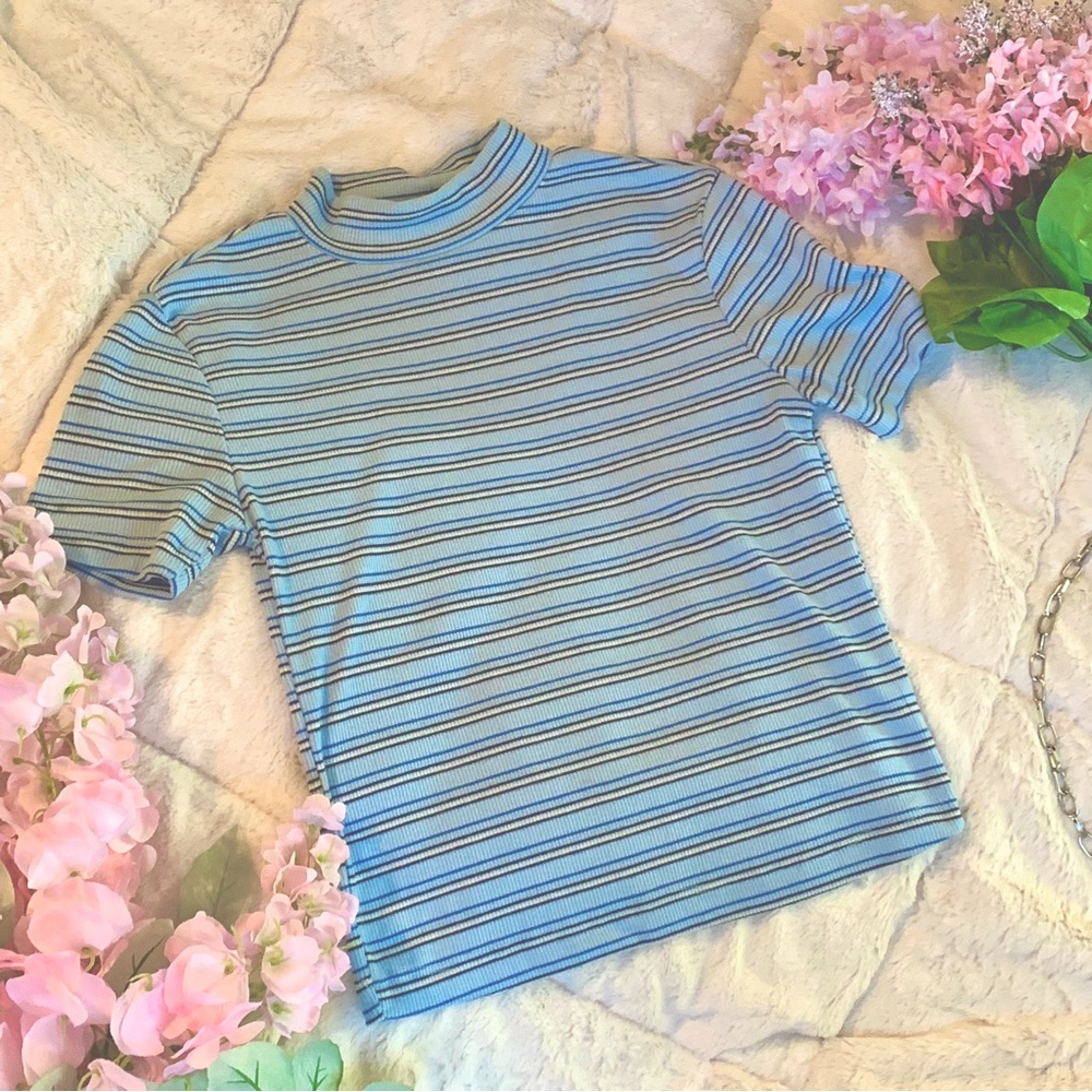 BLUENOTES blue stripe mock neck shirt